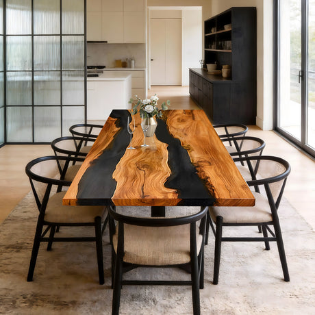 Elite Olive Wood Black Epoxy Rectangular Resin Dining Table – Natural Grain River Table ECT - 264 - Elitecustomtable