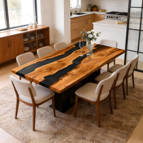 Elite Olive Wood Black Epoxy Rectangular Resin Dining Table – Natural Grain River Table ECT - 264 - Elitecustomtable