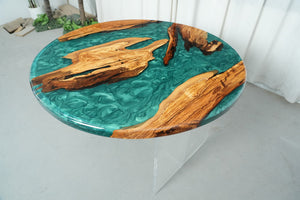 Elite Olive Wood & Emerald - Green Epoxy River Landscape Round Table ECT-44 - Elitecustomtable