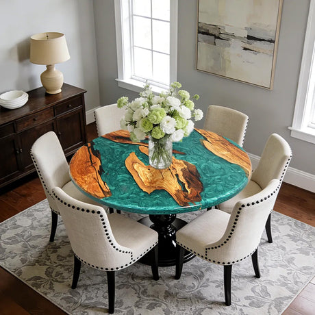 Elite Olive Wood & Emerald - Green Epoxy River Landscape Round Table ECT - 44 - Elitecustomtable