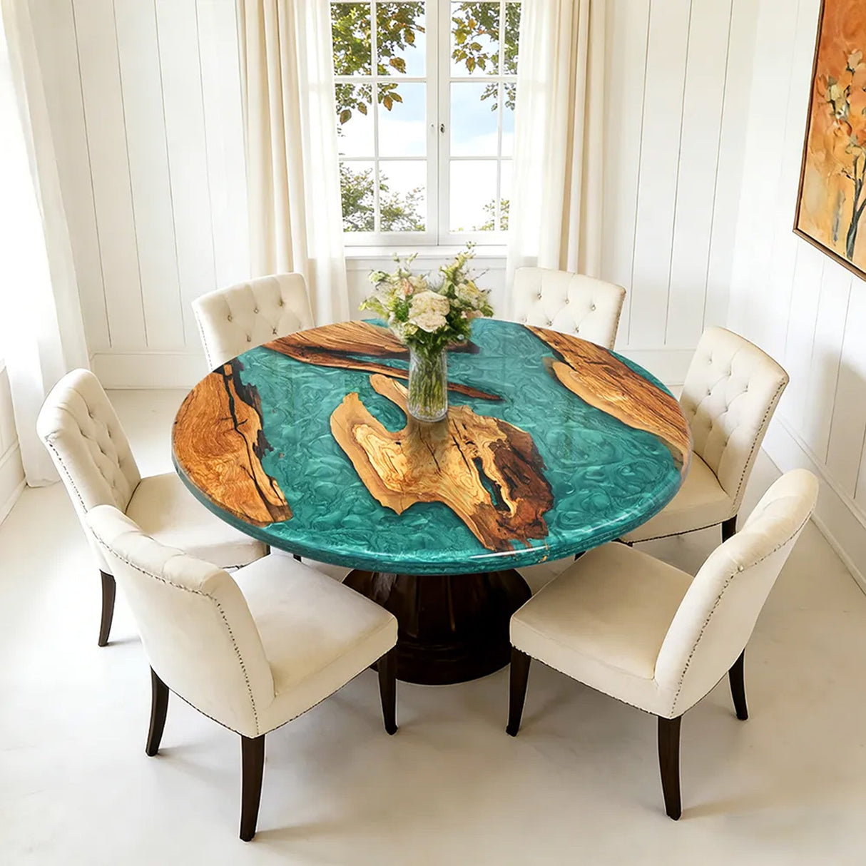 Elite Olive Wood & Emerald - Green Epoxy River Landscape Round Table ECT - 44 - Elitecustomtable