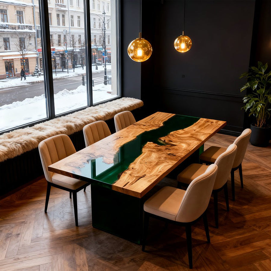 Elite Olive Wood Green Epoxy Rectangular Resin Dining Table – Artistic River Design ECT-270