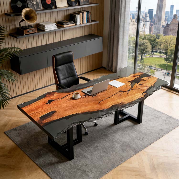 Elite Olive Wood Office Desk – Luxury Translucent Black Resin Live Edge Workspace ECT-283