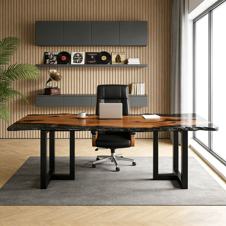 Elite Olive Wood Office Desk – Luxury Translucent Black Resin Straight Edge Workspace ECT - 283 - Elitecustomtable