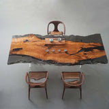 Elite Olive Wood Office Desk – Luxury Translucent Black Resin Straight Edge Workspace ECT-283 - Elitecustomtable