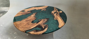 Elite Olive Wood Round Emerald Green Epoxy Dining Table – 70" Handcrafted Tabletop | In - Stock - Elitecustomtable