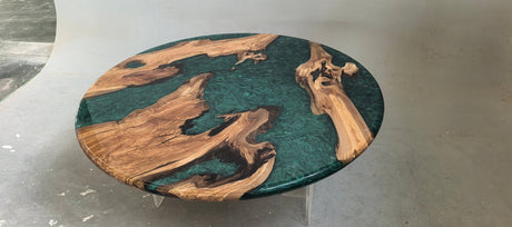 Elite Olive Wood Round Emerald Green Epoxy Dining Table – 70" Handcrafted Tabletop | In - Stock - Elitecustomtable