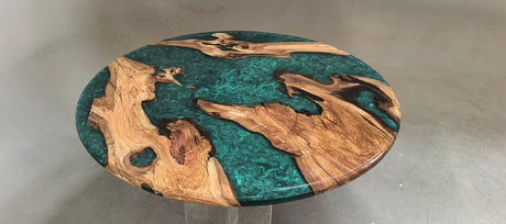 Elite Olive Wood Round Emerald Green Epoxy Dining Table – 70" Handcrafted Tabletop | In - Stock - Elitecustomtable
