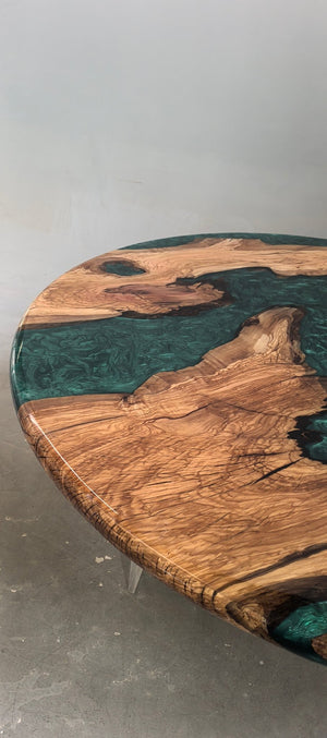 Elite Olive Wood Round Emerald Green Epoxy Dining Table – 70" Handcrafted Tabletop | In - Stock - Elitecustomtable
