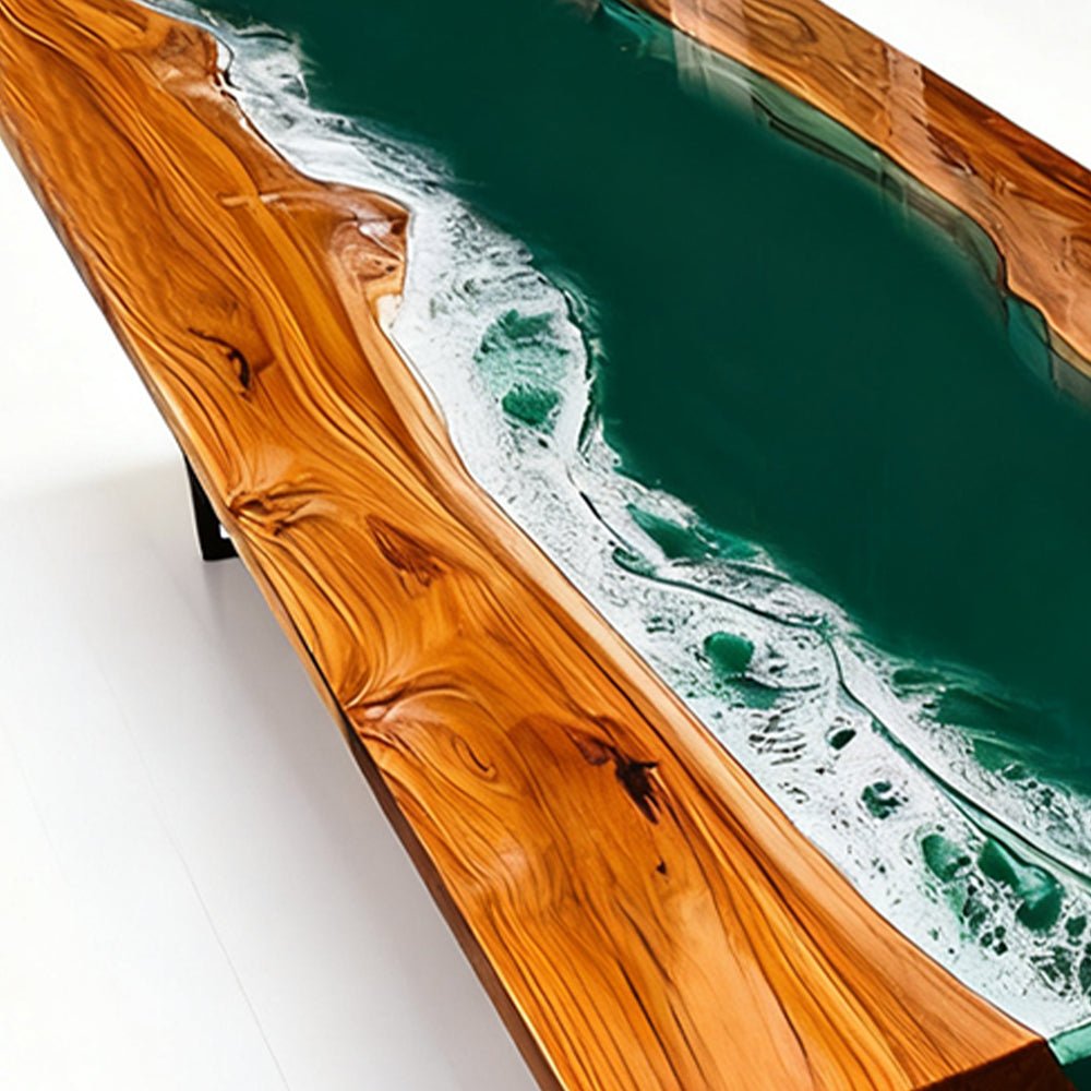 Elite Olive Wood Straight Edge Emerald Green Epoxy Rectangular Dinner Table ECT - 252 - Elitecustomtable