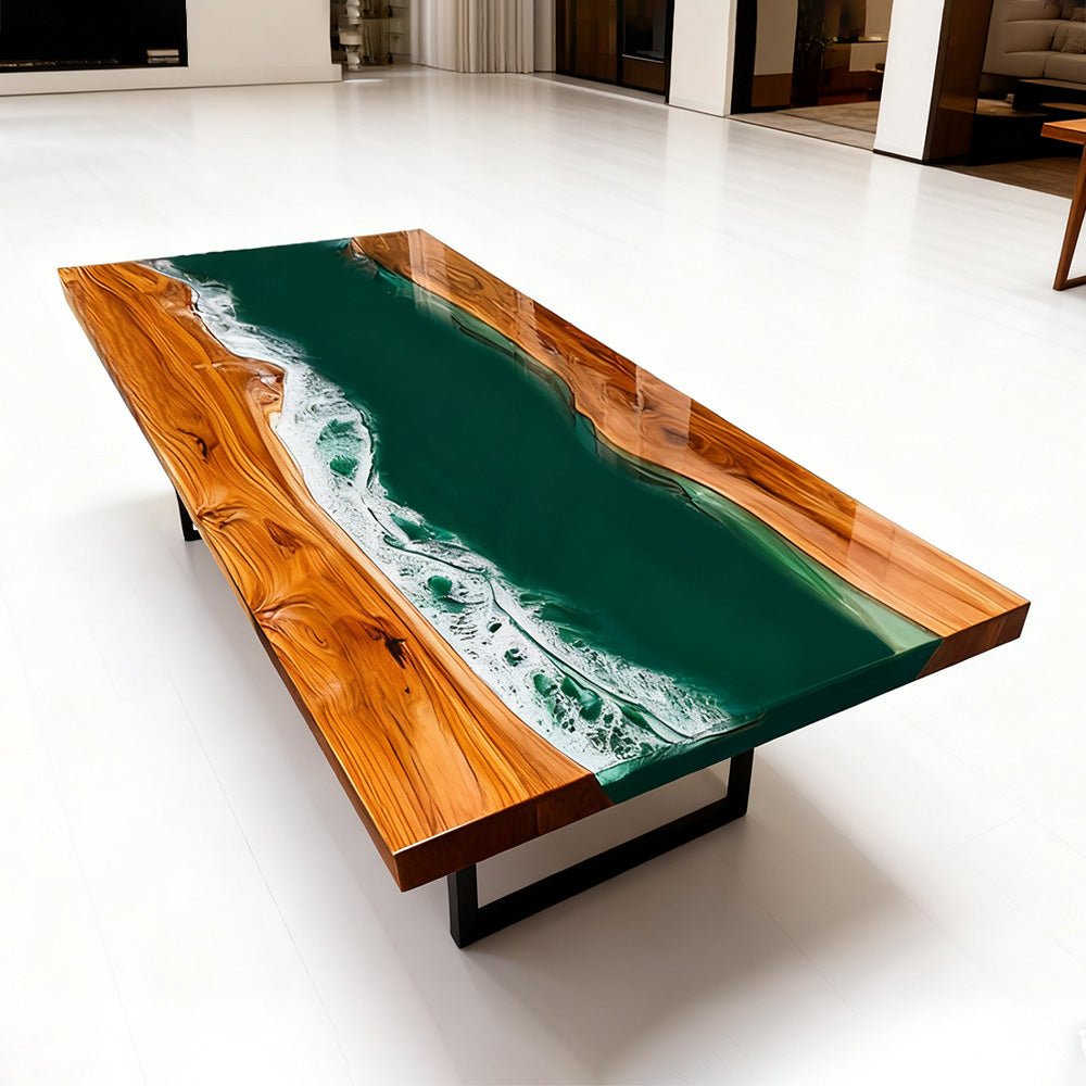 Elite Olive Wood Straight Edge Emerald Green Epoxy Rectangular Dinner Table ECT - 252 - Elitecustomtable