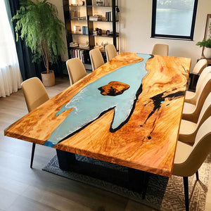 Elite Olive Wood Table with Epoxy River & Island Scene ECT - 133 - Elitecustomtable
