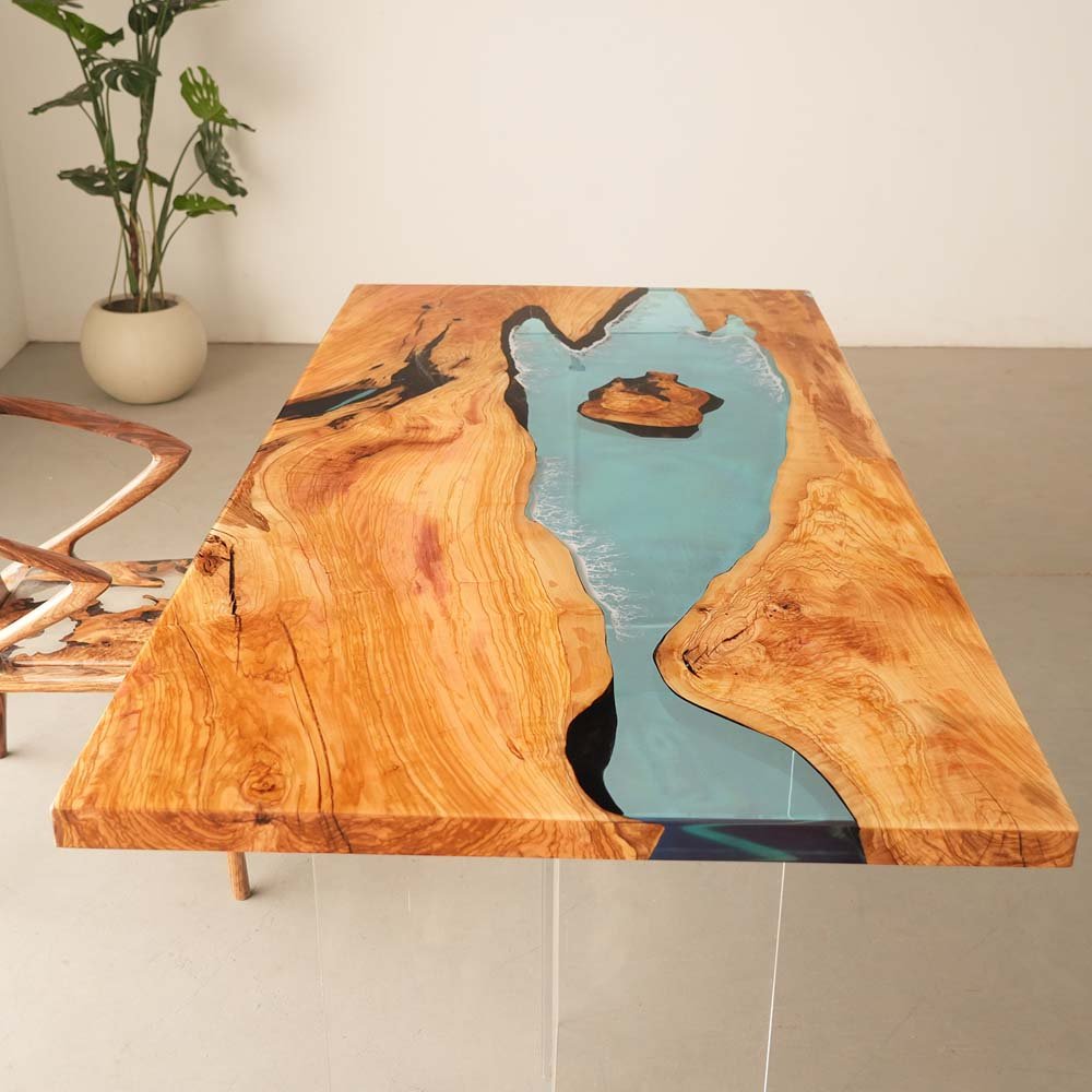 Elite Olive Wood Table with Epoxy River & Island Scene ECT - 133 - Elitecustomtable