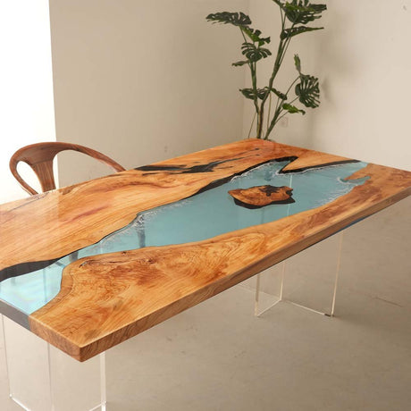 Elite Olive Wood Table with Epoxy River & Island Scene ECT - 133 - Elitecustomtable