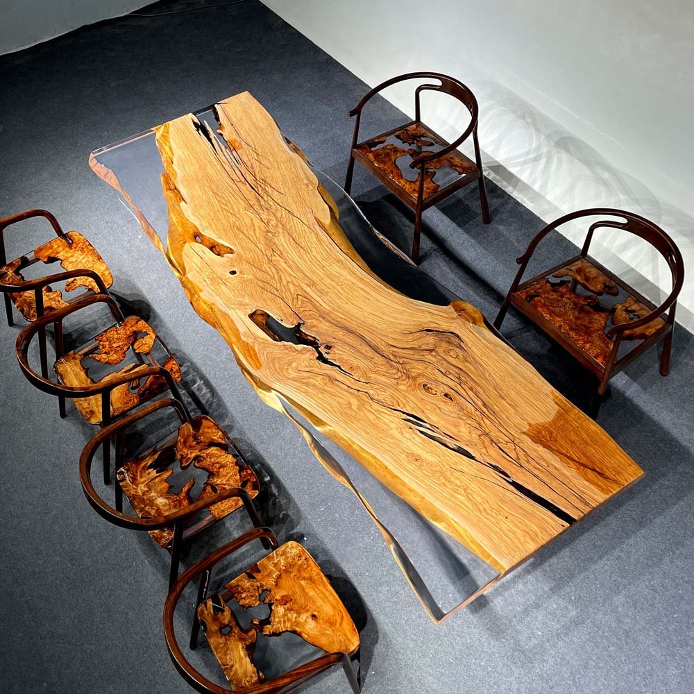 Elite Olive Wood & Transparent Epoxy Resin Live - Edge Dining Table ECT - 150 - Elitecustomtable