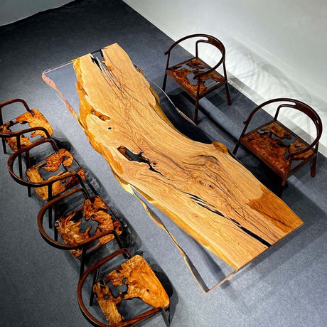 Elite Olive Wood & Transparent Epoxy Resin Live - Edge Dining Table ECT - 150 - Elitecustomtable