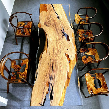 Elite Olive Wood & Transparent Epoxy Resin Live - Edge Dining Table ECT - 150 - Elitecustomtable