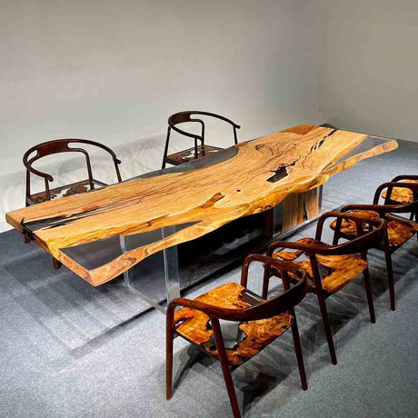 Elite Olive Wood & Transparent Epoxy Resin Live - Edge Dining Table ECT - 150 - Elitecustomtable