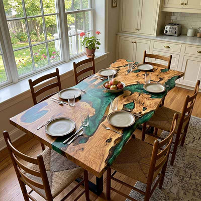 Elite Olive Wood with Green Epoxy Resin Dining Table ECT - 166 - Elitecustomtable