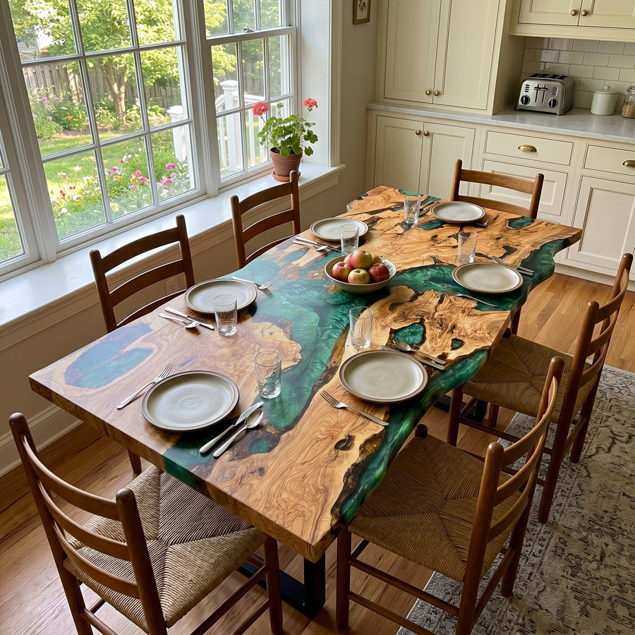 Elite Olive Wood with Green Epoxy Resin Dining Table ECT-166