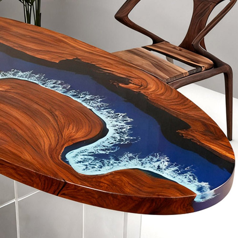 Elite Oval Black Walnut Dining Table with Azure Wave Resin Inlay ECT - 249 - Elitecustomtable