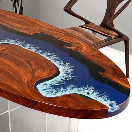 Elite Oval Black Walnut Dining Table with Azure Wave Resin Inlay ECT - 249 - Elitecustomtable