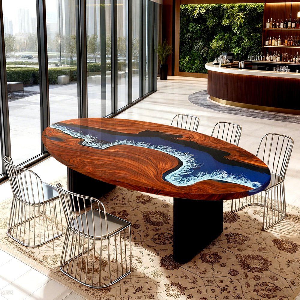 Elite Oval Black Walnut Dining Table with Azure Wave Resin Inlay ECT - 249 - Elitecustomtable