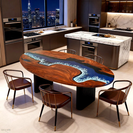 Elite Oval Black Walnut Dining Table with Azure Wave Resin Inlay ECT - 249 - Elitecustomtable