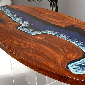 Elite Oval Black Walnut Dining Table with Azure Wave Resin Inlay ECT - 249 - Elitecustomtable