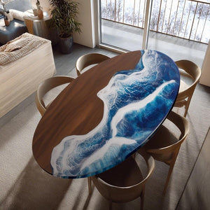 Elite Oval Black Walnut Dining Table with Ocean - Wave Blue Resin Inlay ECT - 246 - Elitecustomtable