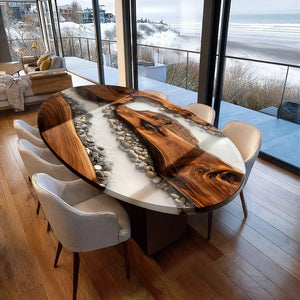 Elite Oval Black Walnut Dining Table with Stream - Stone Resin Inlay ECT - 248 - Elitecustomtable