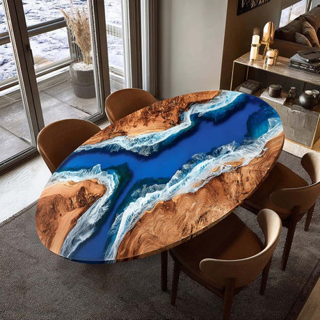 Elite Oval Golden Camphor Wood Dining Table with Majestic Ocean - Wave Resin Inlay ECT - 247 - Elitecustomtable