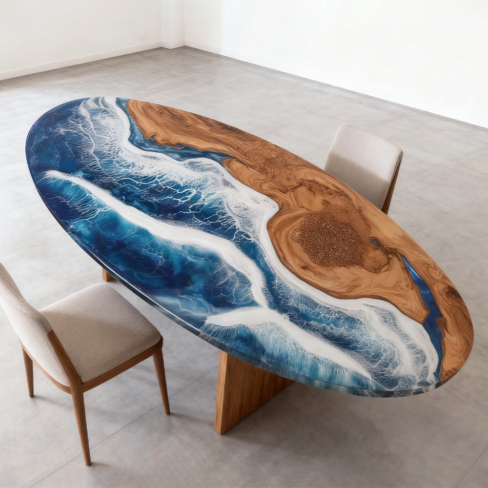 Elite Oval Olive Wood Dining Table with Vivid Ocean - Wave Resin Inlay ECT - 244 - Elitecustomtable