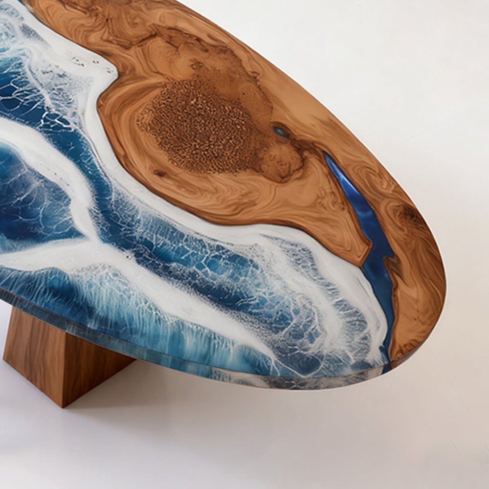 Elite Oval Olive Wood Dining Table with Vivid Ocean - Wave Resin Inlay ECT - 244 - Elitecustomtable