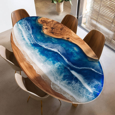 Elite Oval - Shaped Olive Wood Dining Table with Ocean - Inspired Blue Resin Inlay ECT - 243 - Elitecustomtable