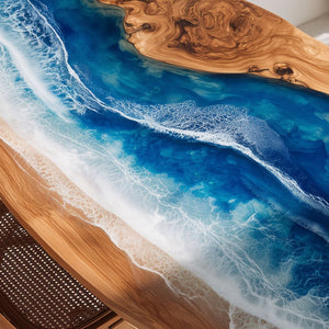 Elite Oval - Shaped Olive Wood Dining Table with Ocean - Inspired Blue Resin Inlay ECT - 243 - Elitecustomtable
