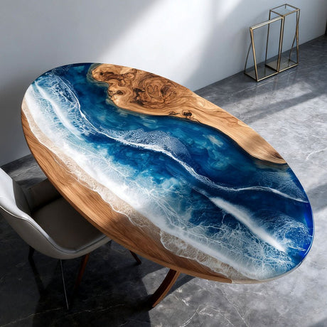 Elite Oval - Shaped Olive Wood Dining Table with Ocean - Inspired Blue Resin Inlay ECT - 243 - Elitecustomtable