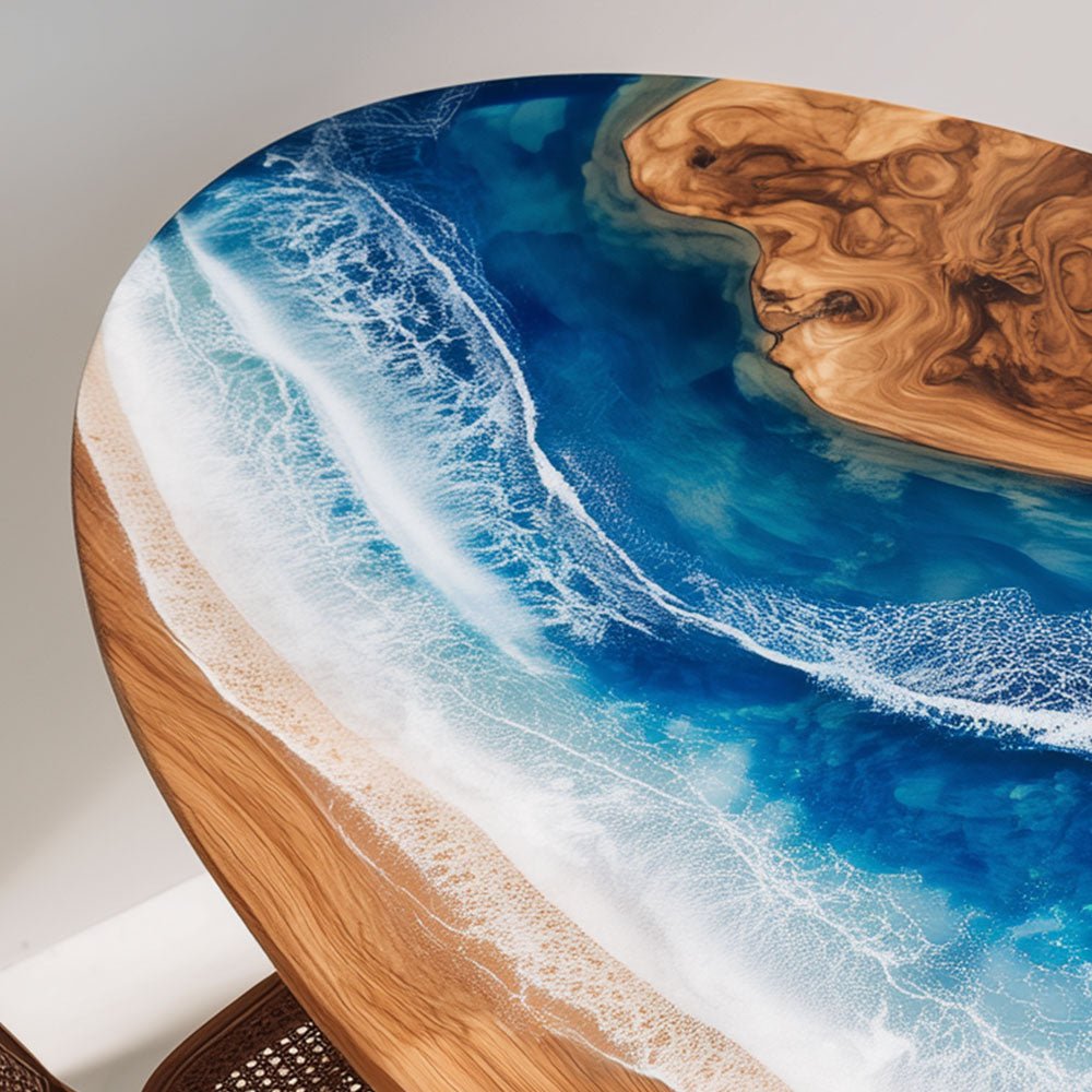 Elite Oval - Shaped Olive Wood Dining Table with Ocean - Inspired Blue Resin Inlay ECT - 243 - Elitecustomtable