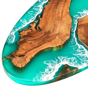 Elite Oval - Shaped Olive Wood Dining Table with Turquoise Ocean - Wave Resin Inlay ECT - 136 - Elitecustomtable