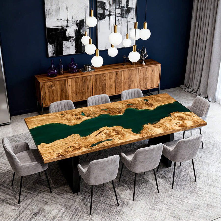 Elite Poplar Green Epoxy Rectangular Resin Dining Table – Contemporary River Table ECT-267