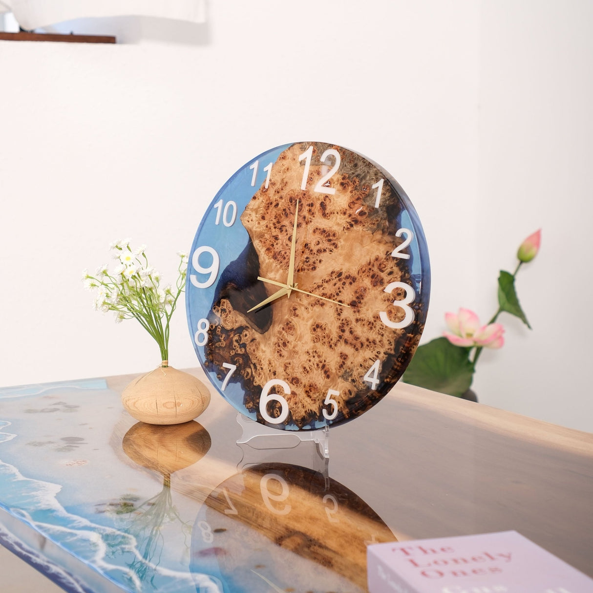 Elite Poplar Wood Burl & Blue Epoxy Resin Decorative Wall Clock EWC - 14 - 16'' - Elitecustomtable