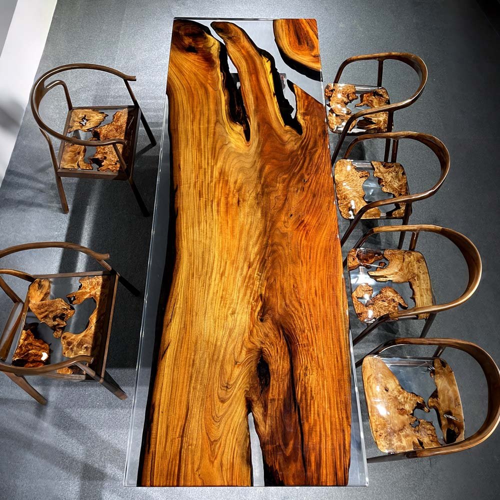 Elite Red Golden Camphor Wood & Transparent Epoxy Resin Dining Table ECT - 148 - Elitecustomtable