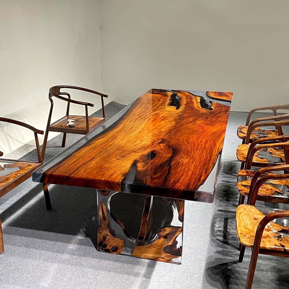 Elite Red Golden Camphor Wood & Transparent Epoxy Resin Dining Table ECT - 148 - Elitecustomtable