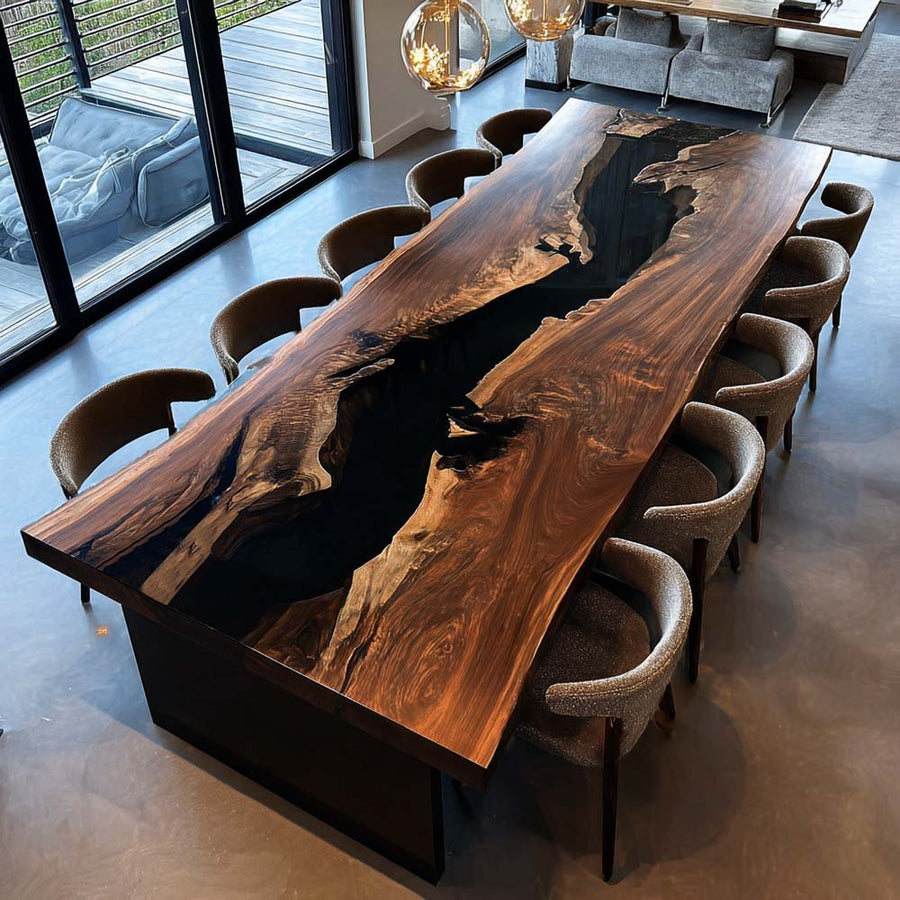 Elite Straight - Edge Black Walnut Dining Table with Deep Black Resin Inlay ECT-239