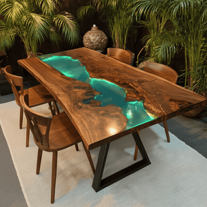 Elite Straight - Edge Black Walnut Dining Table with Glowing Teal Resin Inlay ECT - 237 - Elitecustomtable