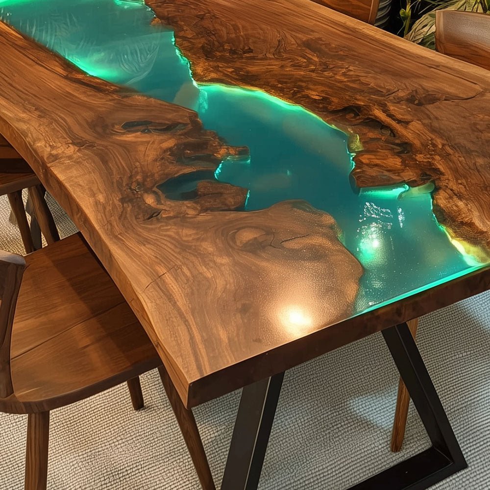 Elite Straight - Edge Black Walnut Dining Table with Glowing Teal Resin Inlay ECT - 237 - Elitecustomtable