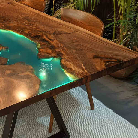 Elite Straight - Edge Black Walnut Dining Table with Glowing Teal Resin Inlay ECT - 237 - Elitecustomtable