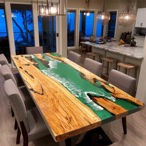 Elite Straight - Edge Olive Dining Table with Green Stream Resin 83.86"L×40.16"W EIT - 19 - Elitecustomtable