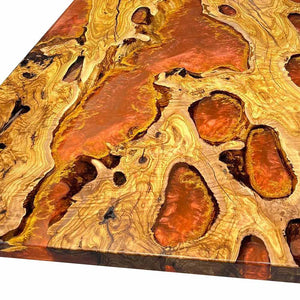 Elite Straight - Edge Olive Wood Dining Table with Irregular Orange Golden Resin ECT-231 - Elitecustomtable