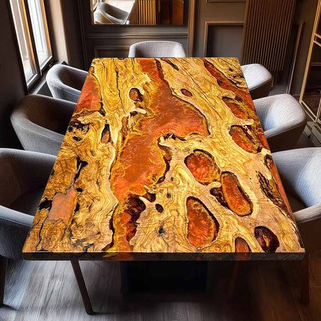 Elite Straight - Edge Olive Wood Dining Table with Irregular Orange Golden Resin ECT-231 - Elitecustomtable